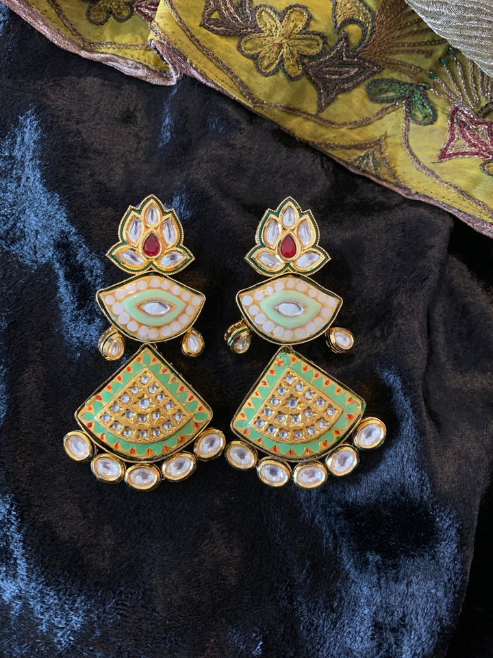 Lotus Green Kundan Meenakari Earrings - SHIVKA