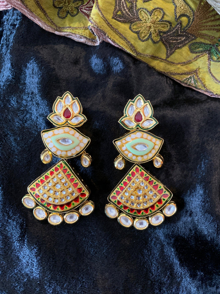 Lotus Red Kundan Meenakari Earrings - SHIVKA