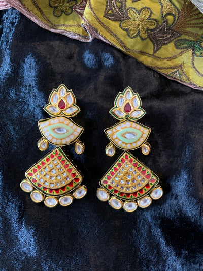 Lotus Red Kundan Meenakari Earrings - SHIVKA