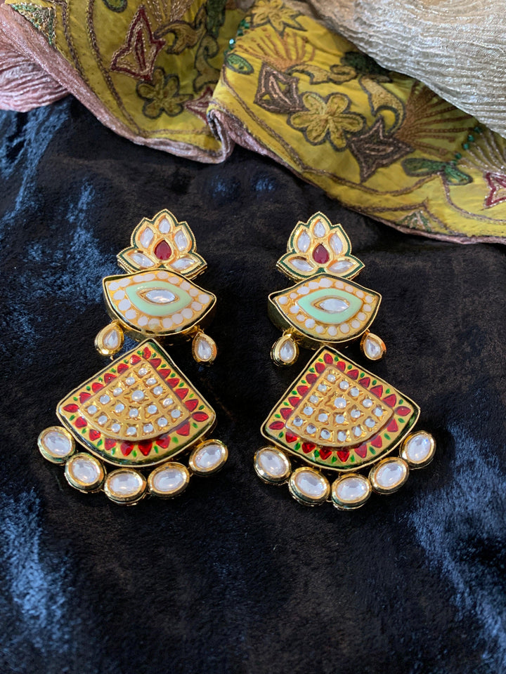 Lotus Red Kundan Meenakari Earrings - SHIVKA