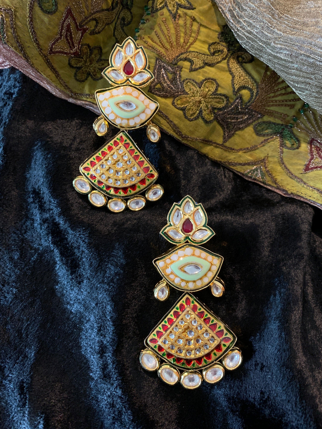 Lotus Red Kundan Meenakari Earrings - SHIVKA