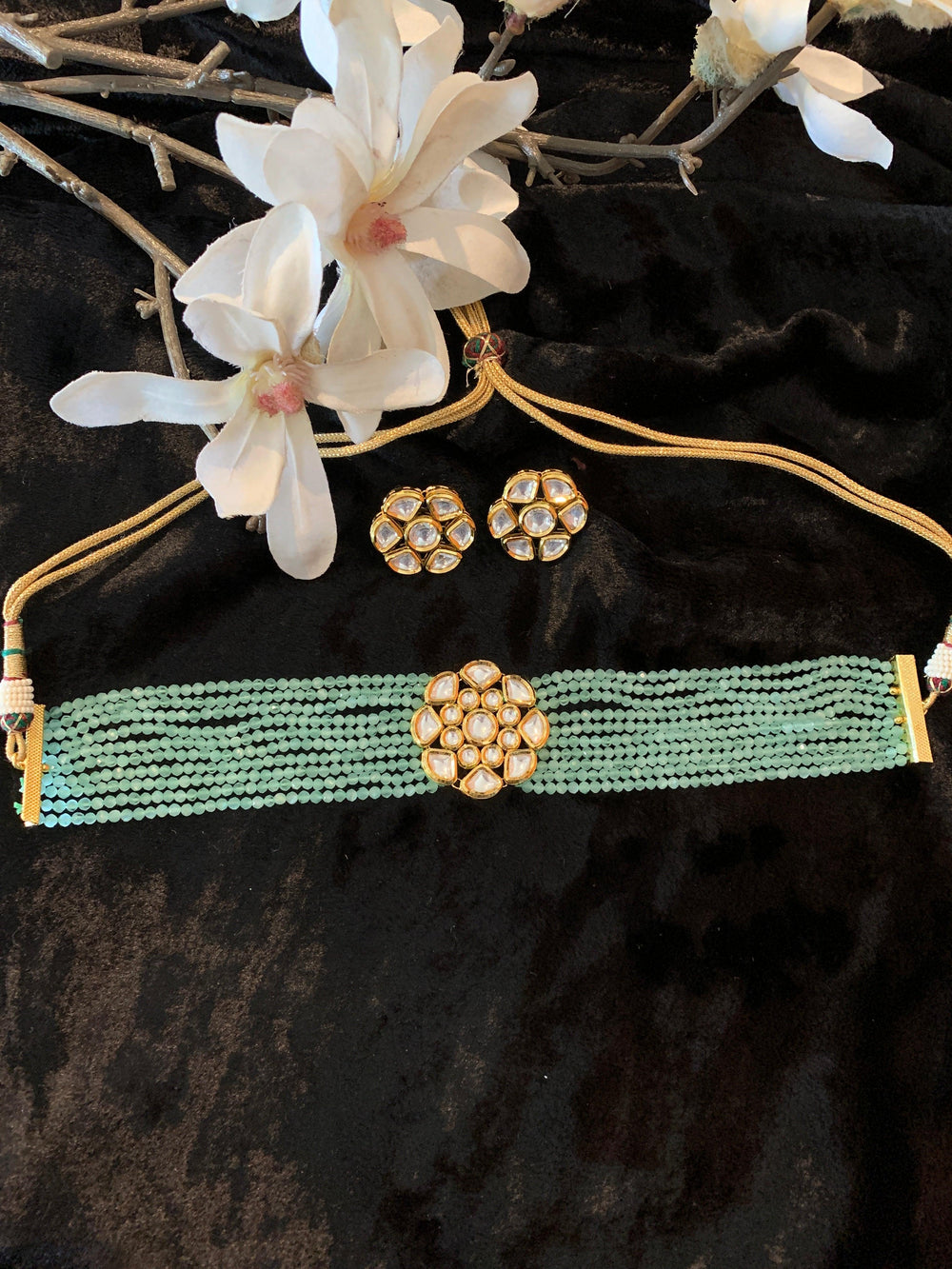 Sea Green Kundan Choker with Studs - SHIVKA