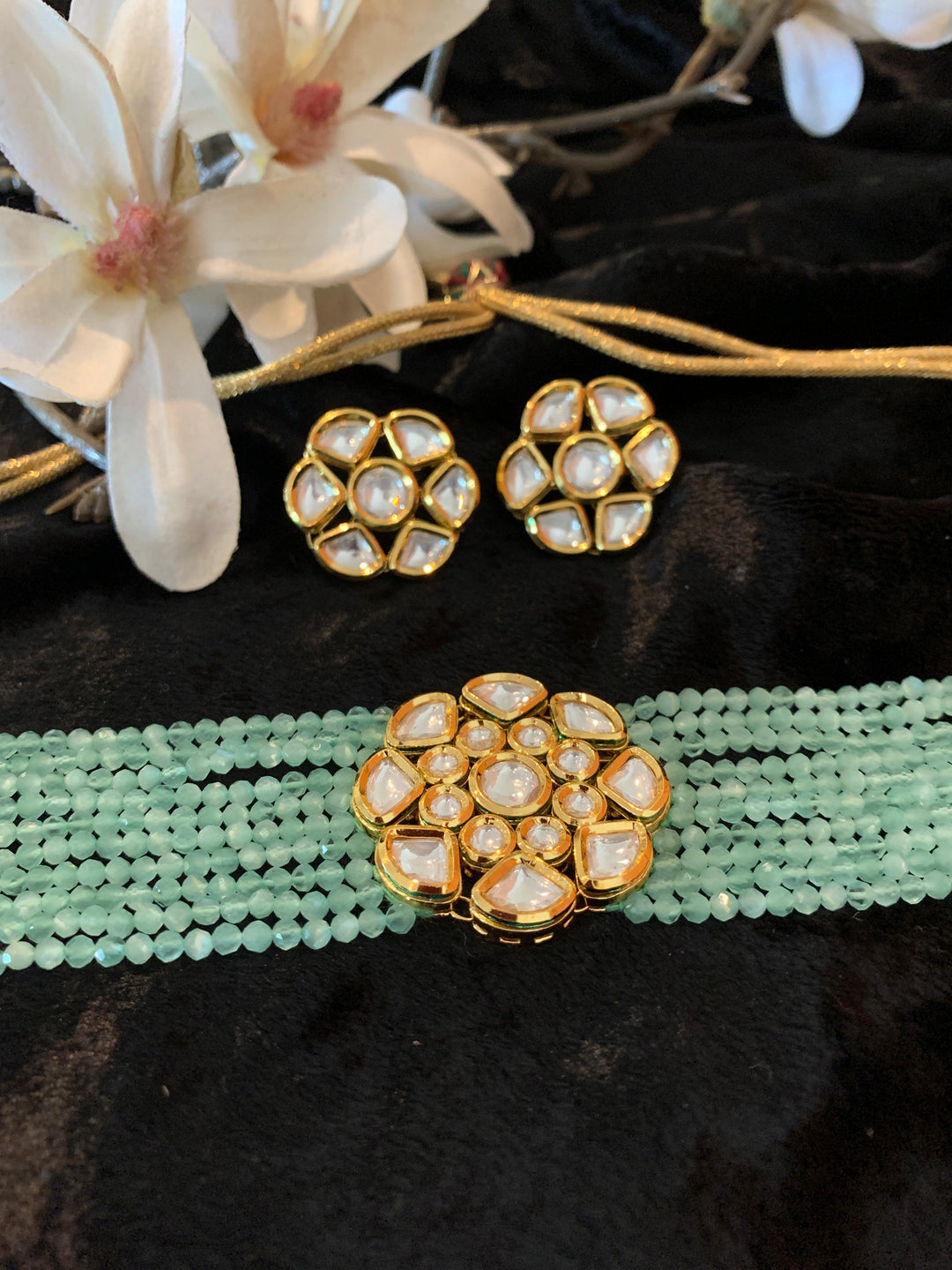 Sea Green Kundan Choker with Studs - SHIVKA