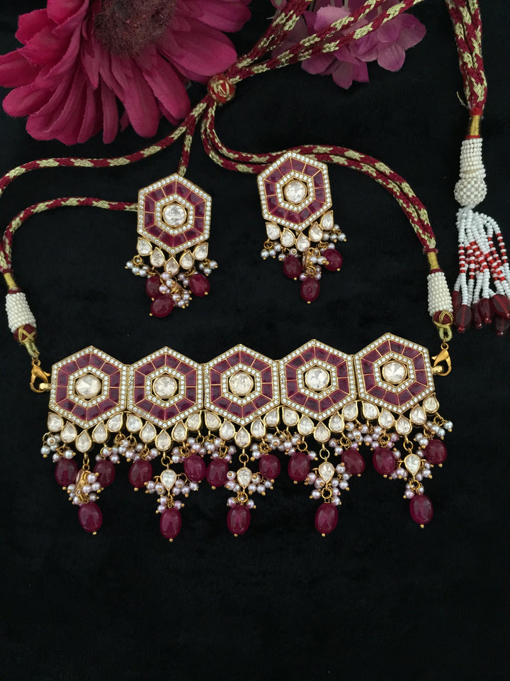 Pure 925 Moissanite Polki Silver Choker Necklace with Earrings