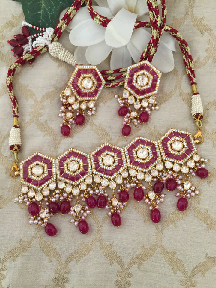 Pure 925 Moissanite Polki Silver Choker Necklace with Earrings