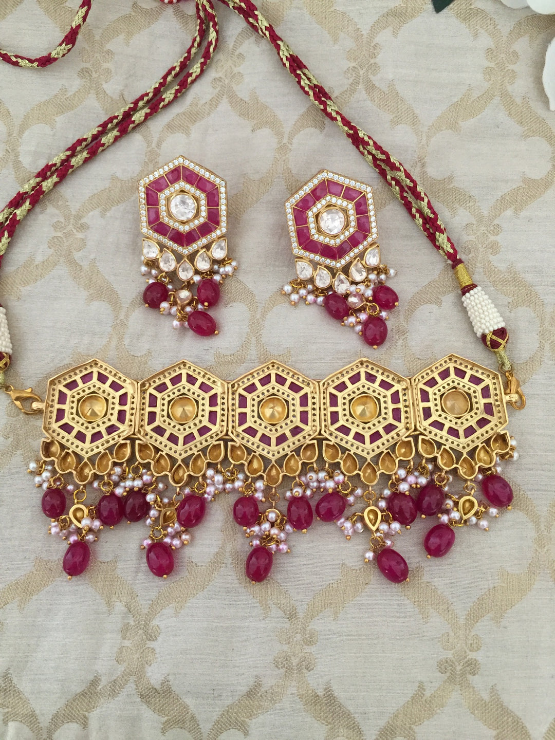 Pure 925 Moissanite Polki Silver Choker Necklace with Earrings