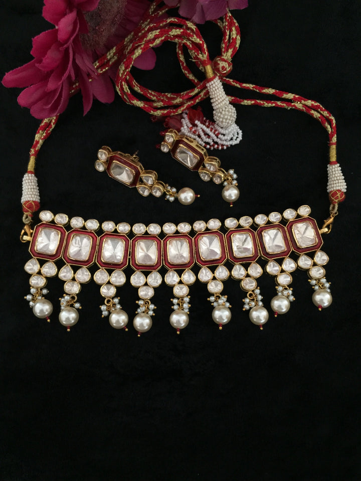 Pure 925 Moissanite Polki Silver Choker Necklace with Earrings