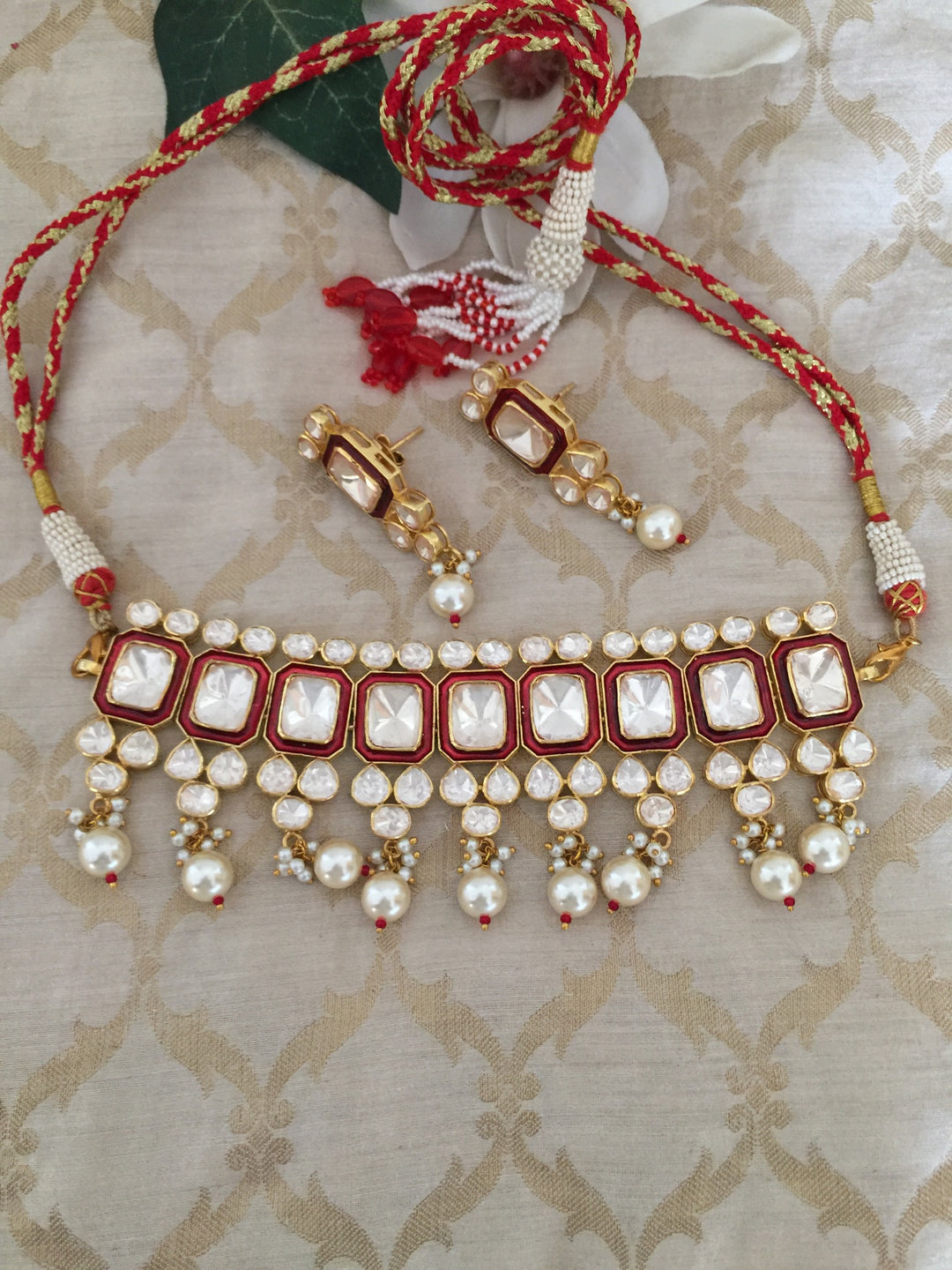 Pure 925 Moissanite Polki Silver Choker Necklace with Earrings