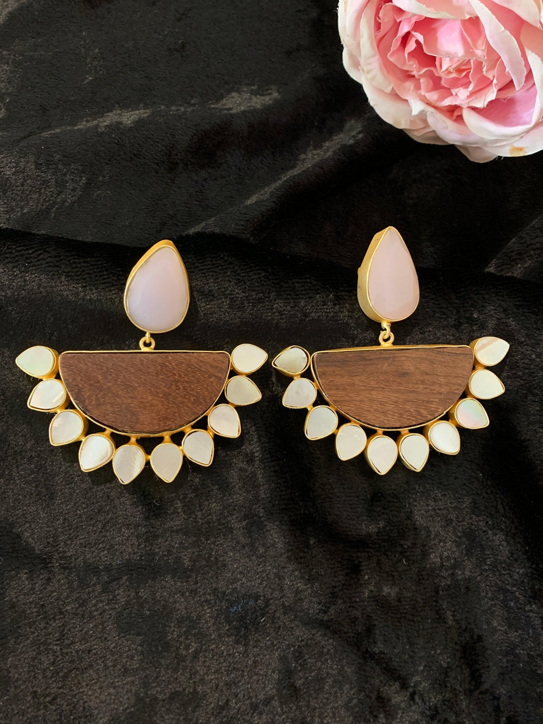 Rose Quartz Wooden Danglers - SHIVKA
