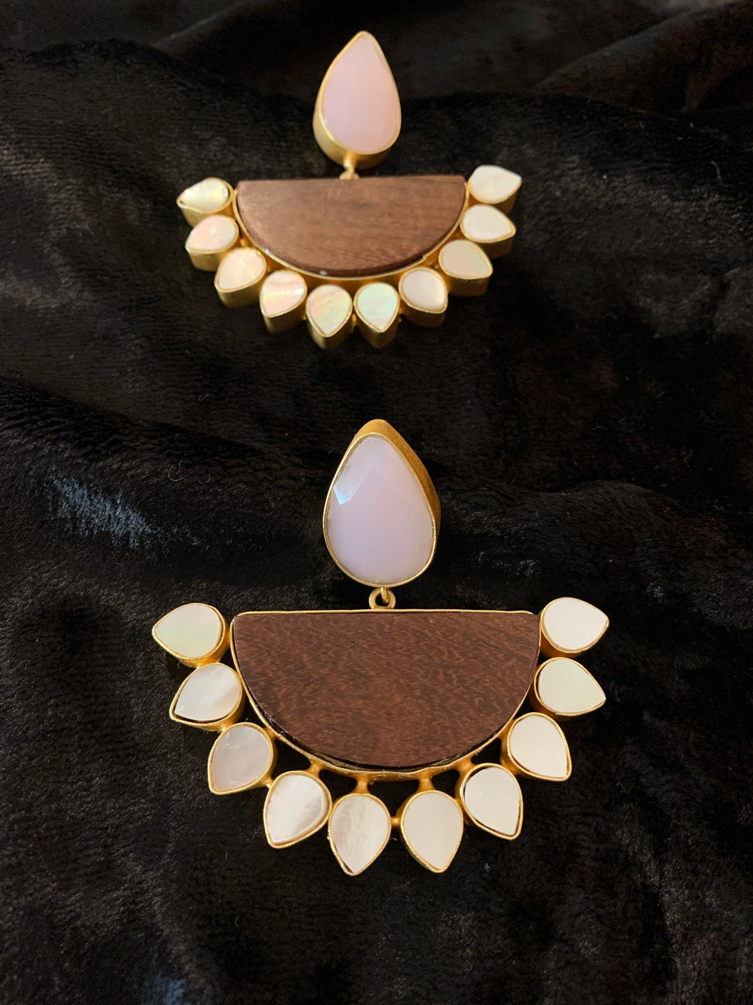 Rose Quartz Wooden Danglers - SHIVKA