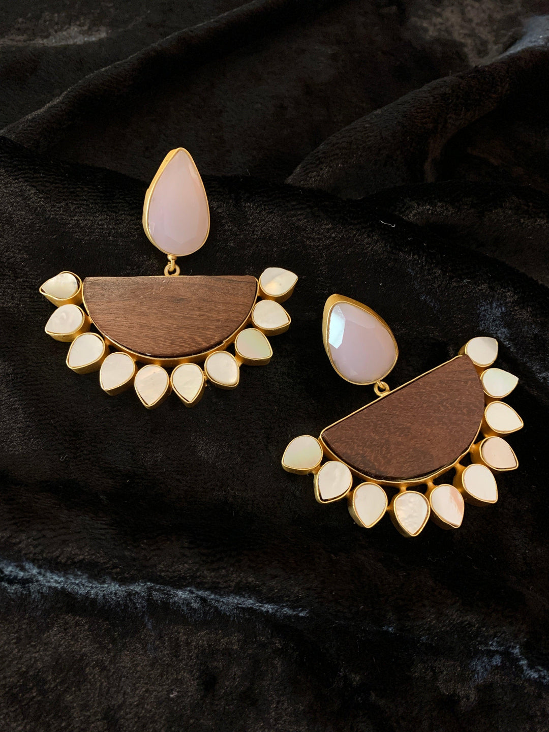 Rose Quartz Wooden Danglers - SHIVKA
