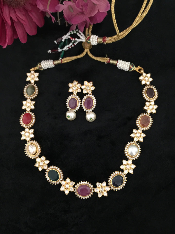 Pure 925 Moissanite Polki Silver Choker Necklace with Earrings