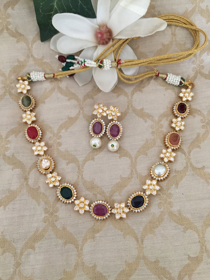 Pure 925 Moissanite Polki Silver Choker Necklace with Earrings