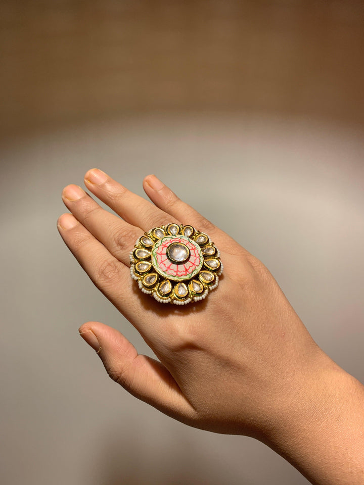 Kundan Pink Flower Ring - SHIVKA