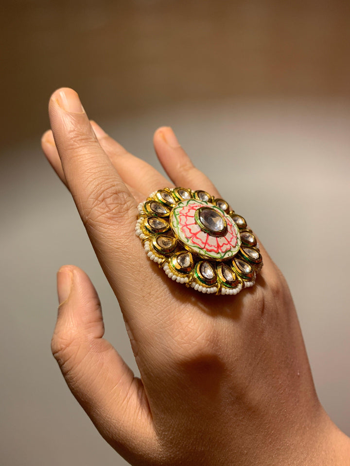Kundan Pink Flower Ring - SHIVKA