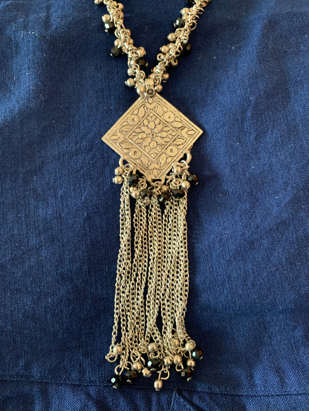 Long Silver Necklace with Tassels - SHIVKA