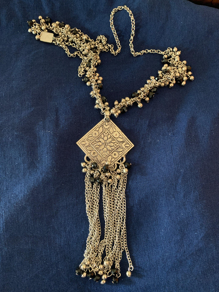 Long Silver Necklace with Tassels - SHIVKA