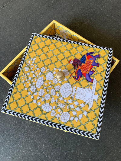 Yellow Elephant Design Enamelled Box with Lid - SHIVKA