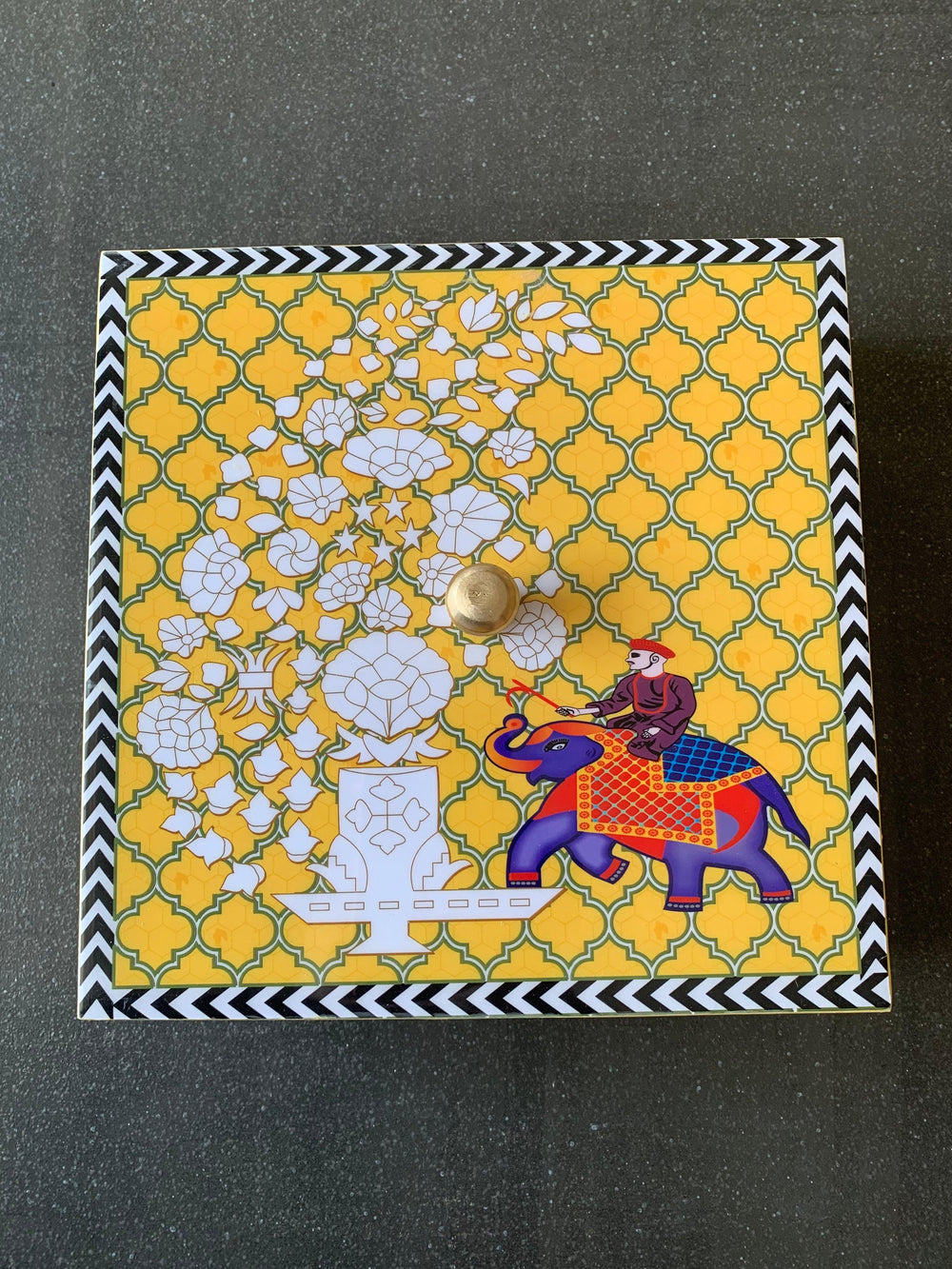 Yellow Elephant Design Enamelled Box with Lid - SHIVKA