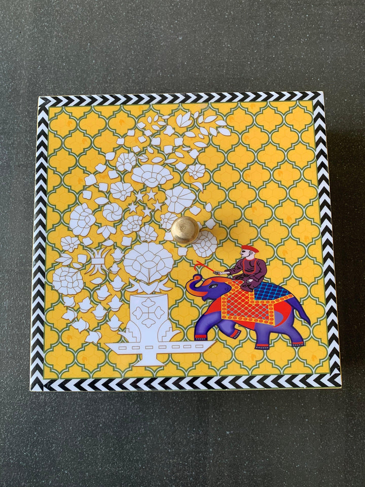 Yellow Elephant Design Enamelled Box with Lid - SHIVKA