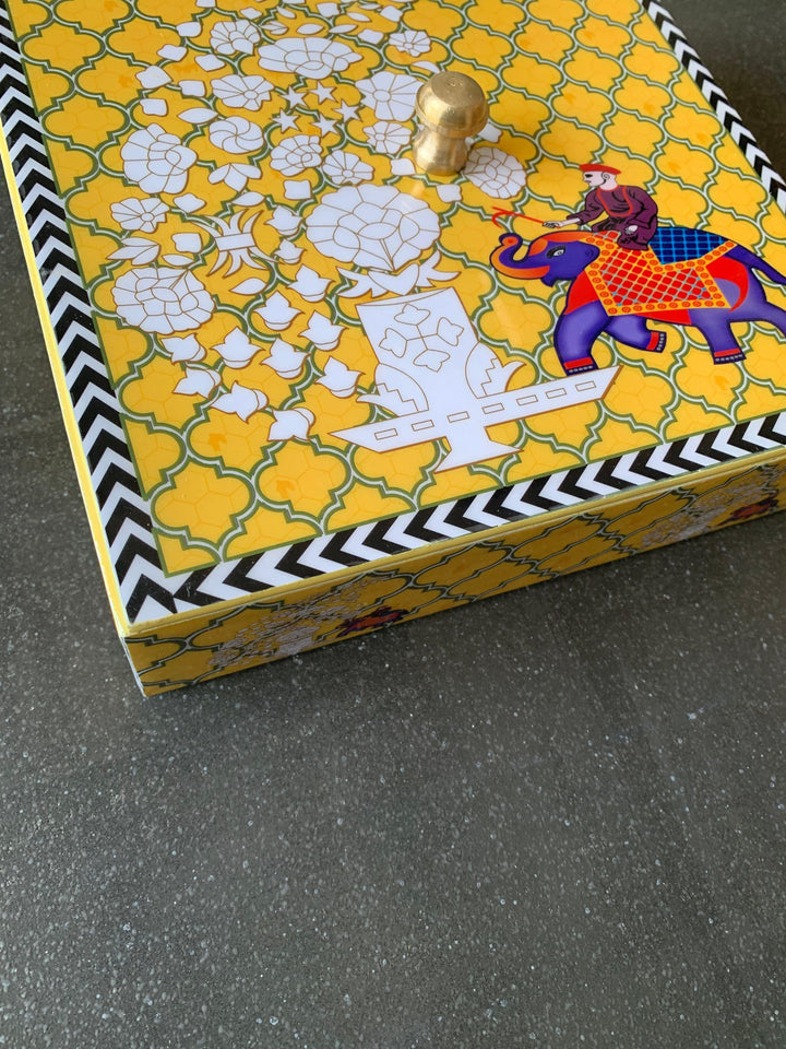 Yellow Elephant Design Enamelled Box with Lid - SHIVKA