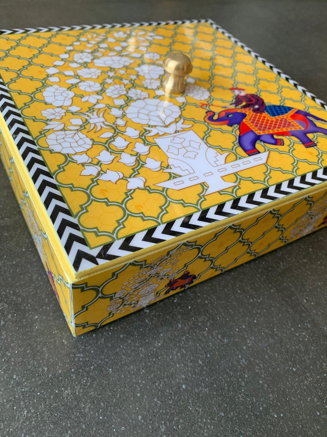 Yellow Elephant Design Enamelled Box with Lid - SHIVKA