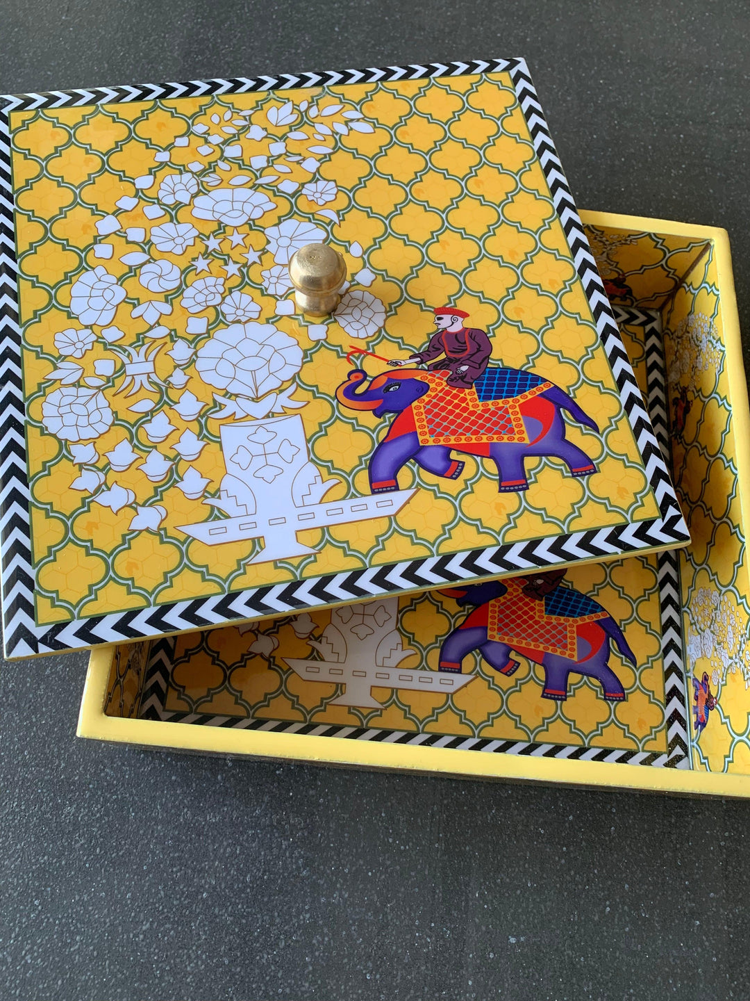 Yellow Elephant Design Enamelled Box with Lid - SHIVKA