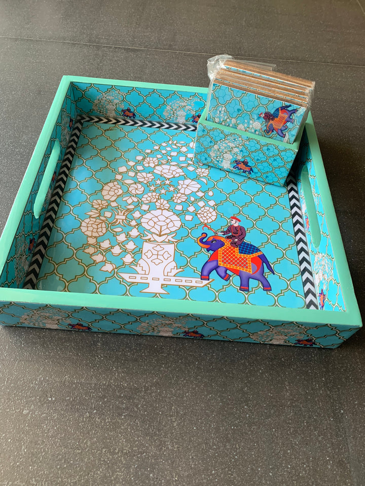 Blue Elephant Design Enamelled Tray