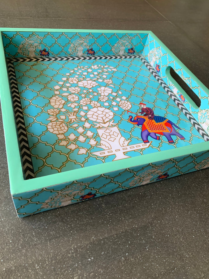 Blue Elephant Design Enamelled Tray