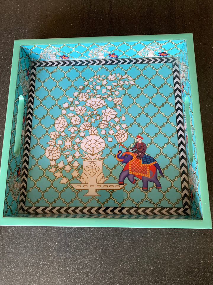 Blue Elephant Design Enamelled Tray