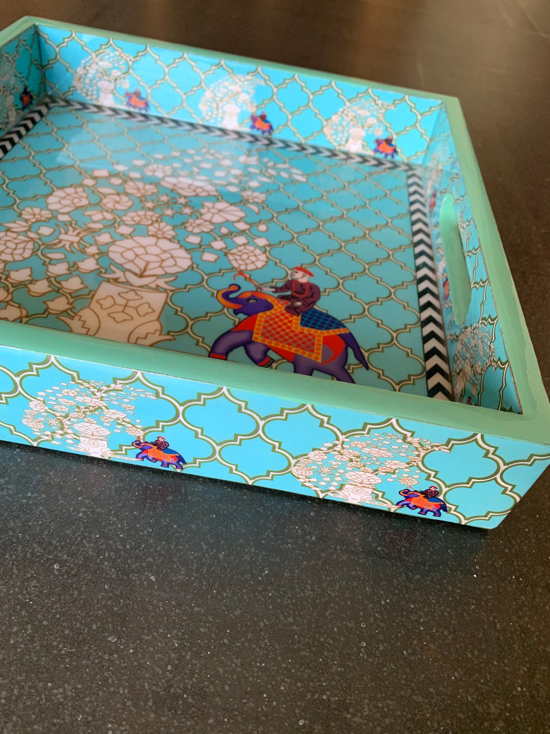 Blue Elephant Design Enamelled Tray
