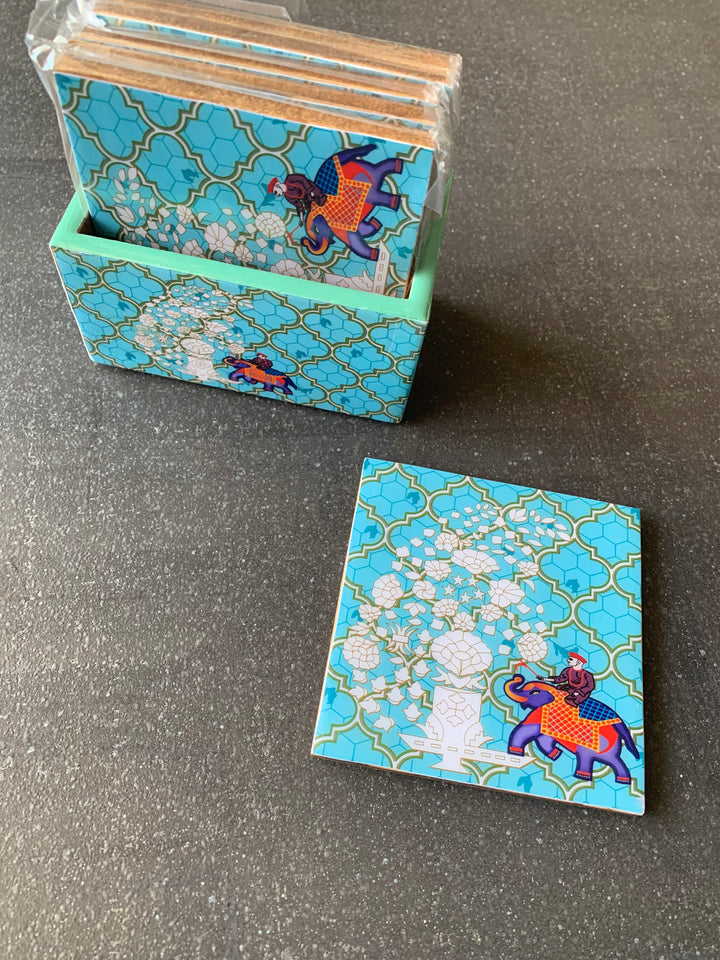 Blue Elephant Design Enamelled Coasters