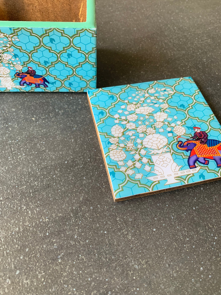 Blue Elephant Design Enamelled Coasters