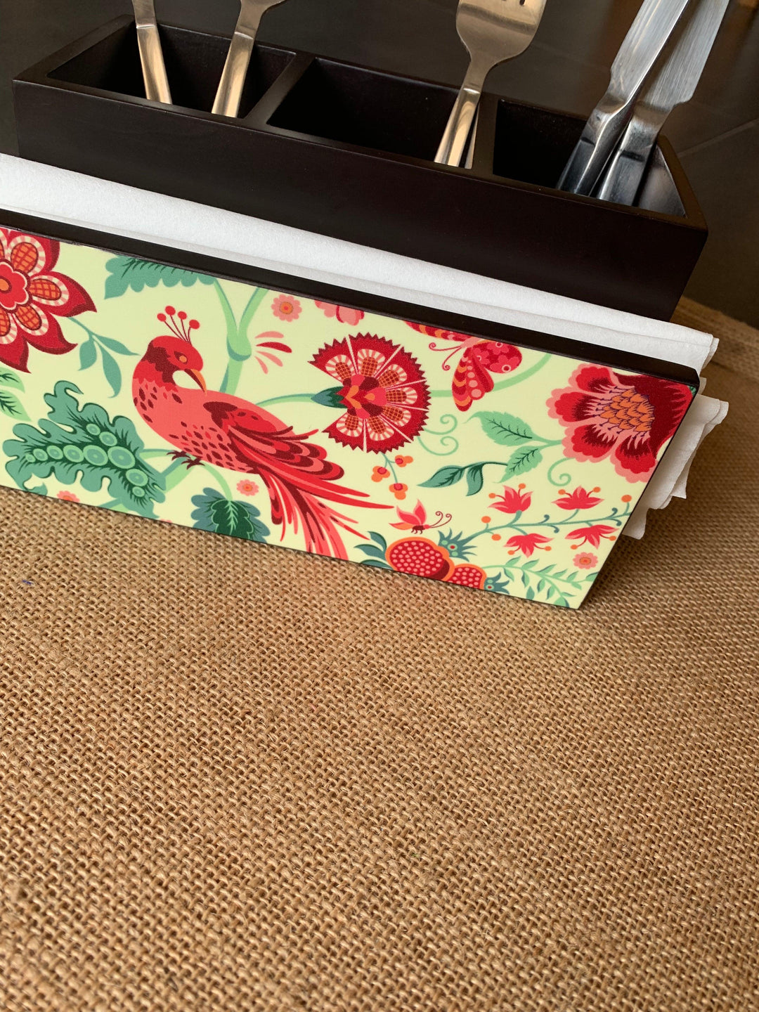 Red Floral Wooden Cutlery and Napkin Holder - SHIVKA