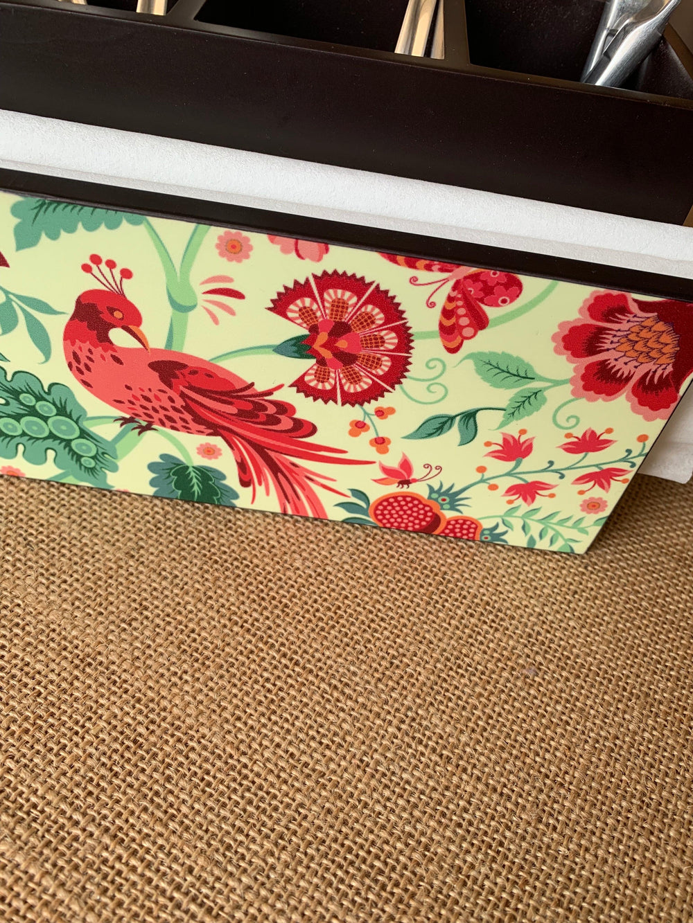 Red Floral Wooden Cutlery and Napkin Holder - SHIVKA