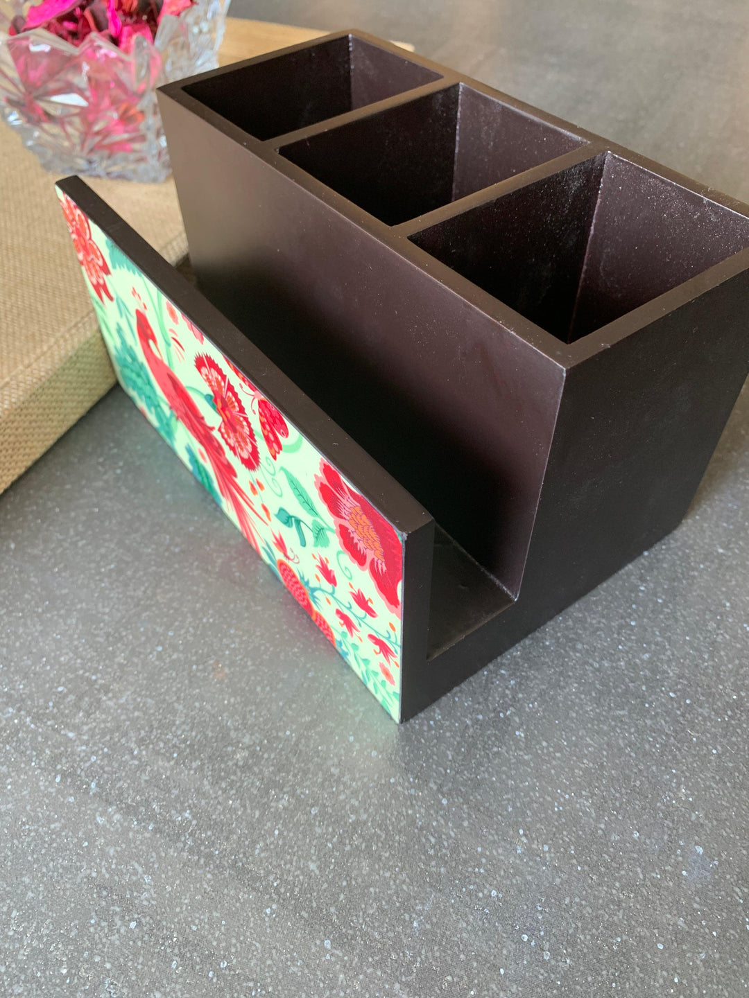 Red Floral Wooden Cutlery and Napkin Holder - SHIVKA