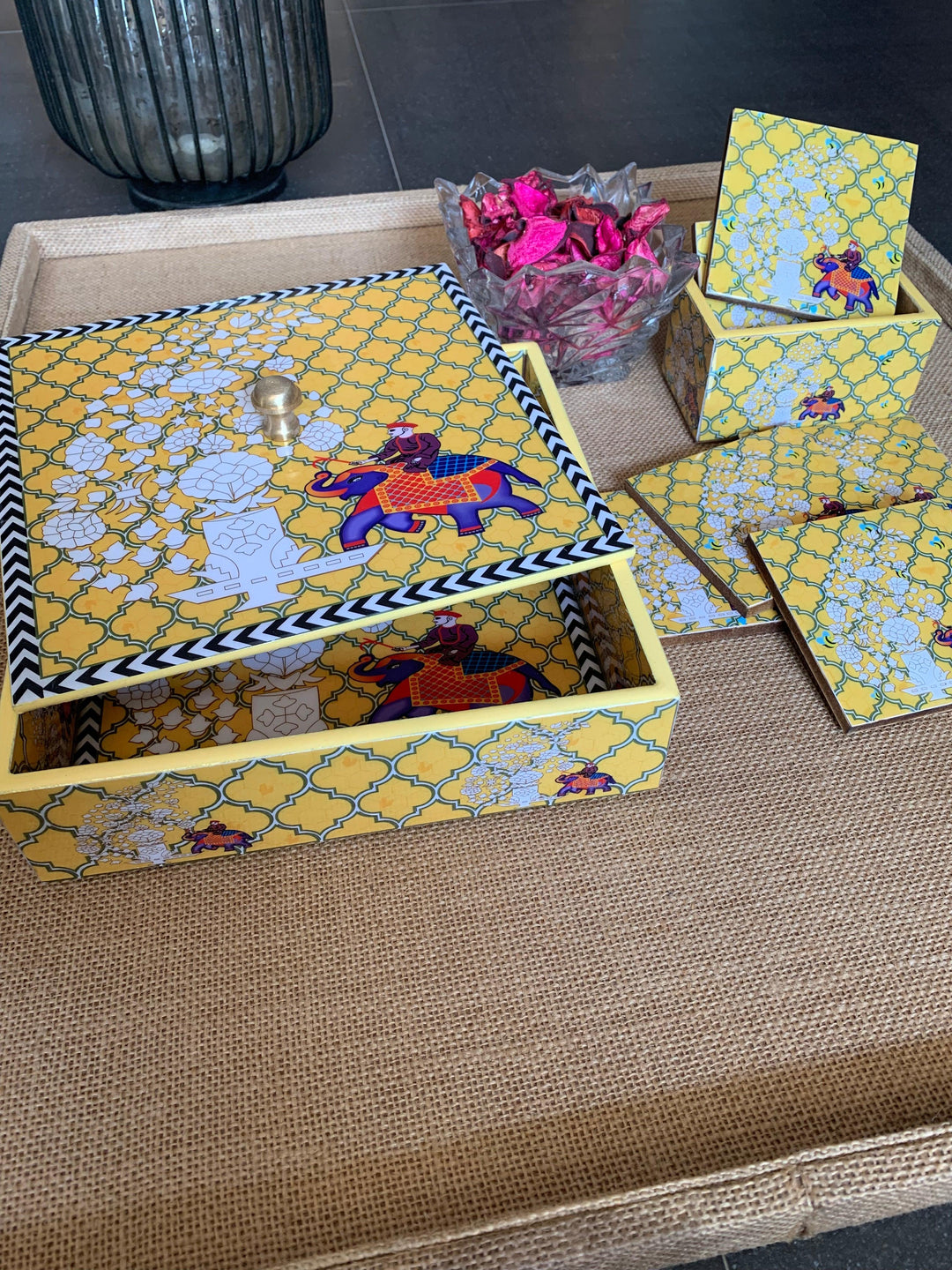 Yellow Elephant Design Enamelled Coasters - SHIVKA