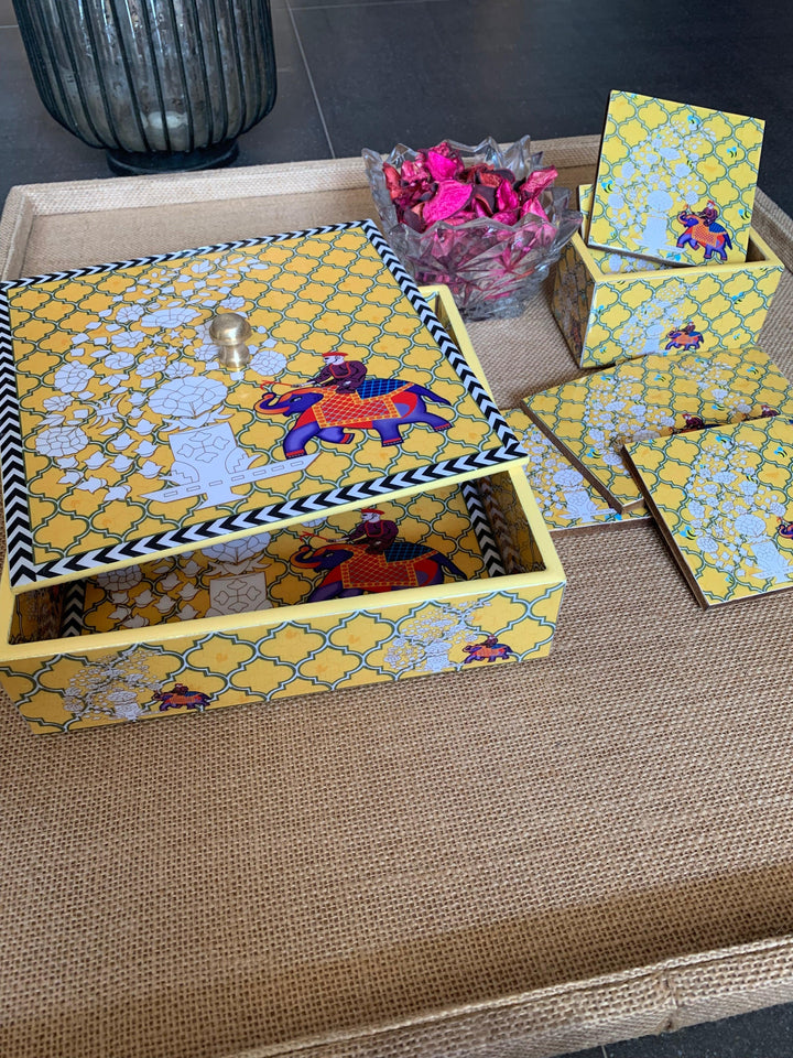 Yellow Elephant Design Enamelled Coasters - SHIVKA