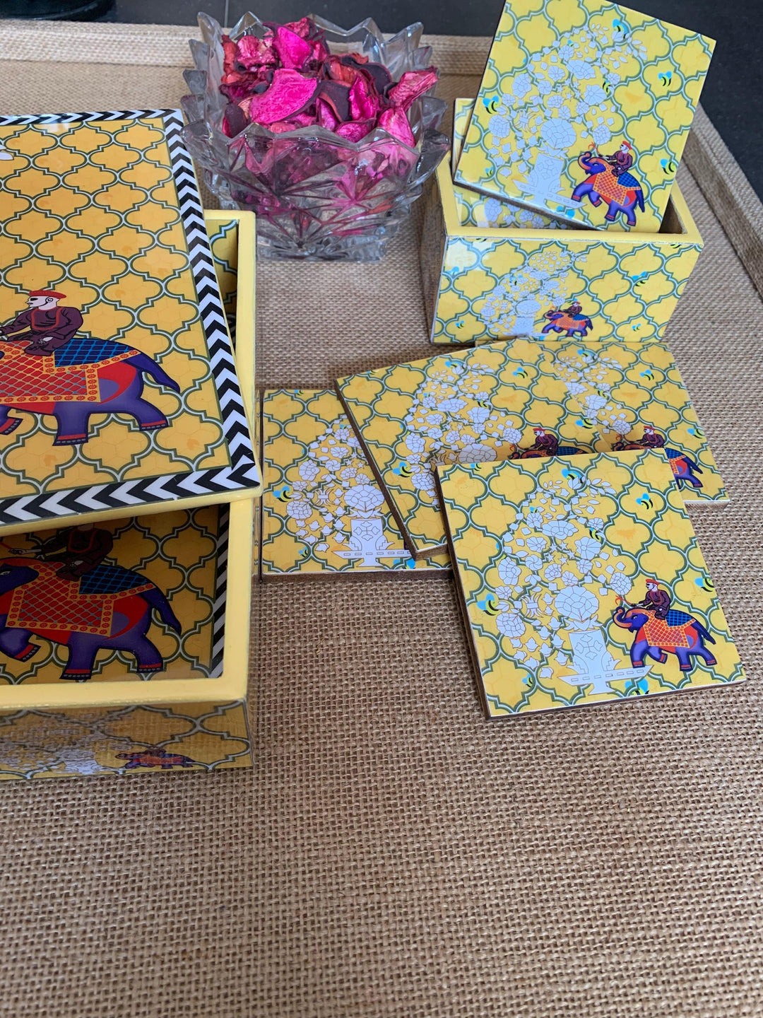 Yellow Elephant Design Enamelled Coasters - SHIVKA