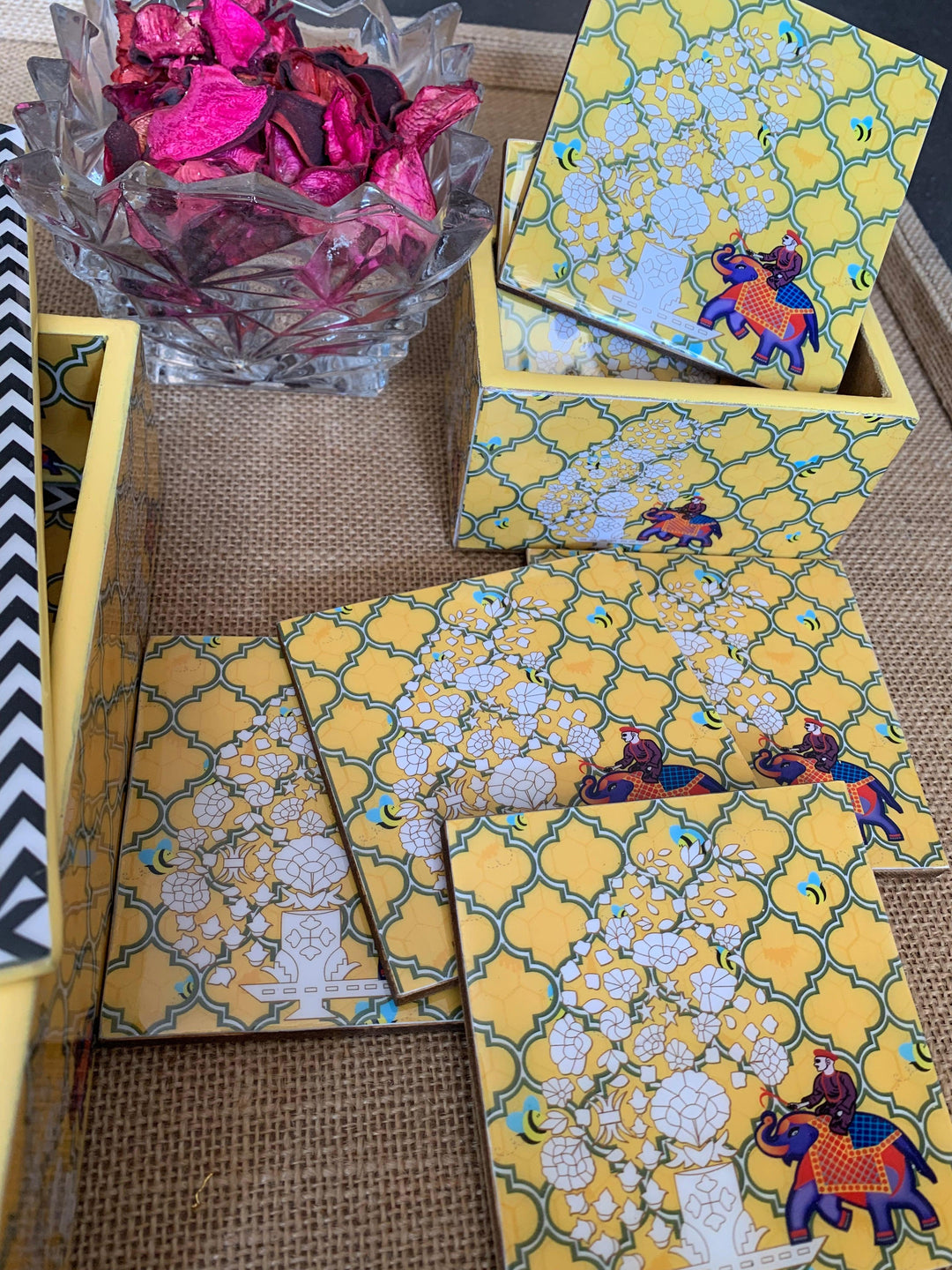Yellow Elephant Design Enamelled Coasters - SHIVKA