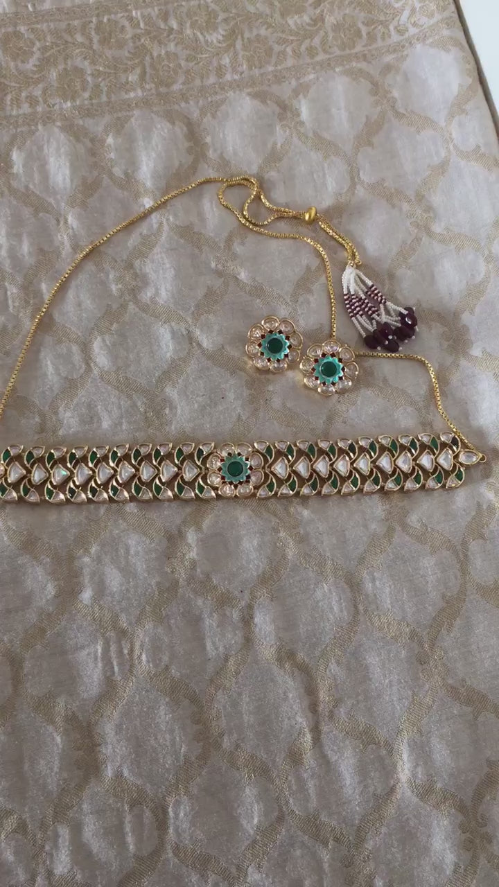 Gorgeous Green Polki Kundan Choker with Studs