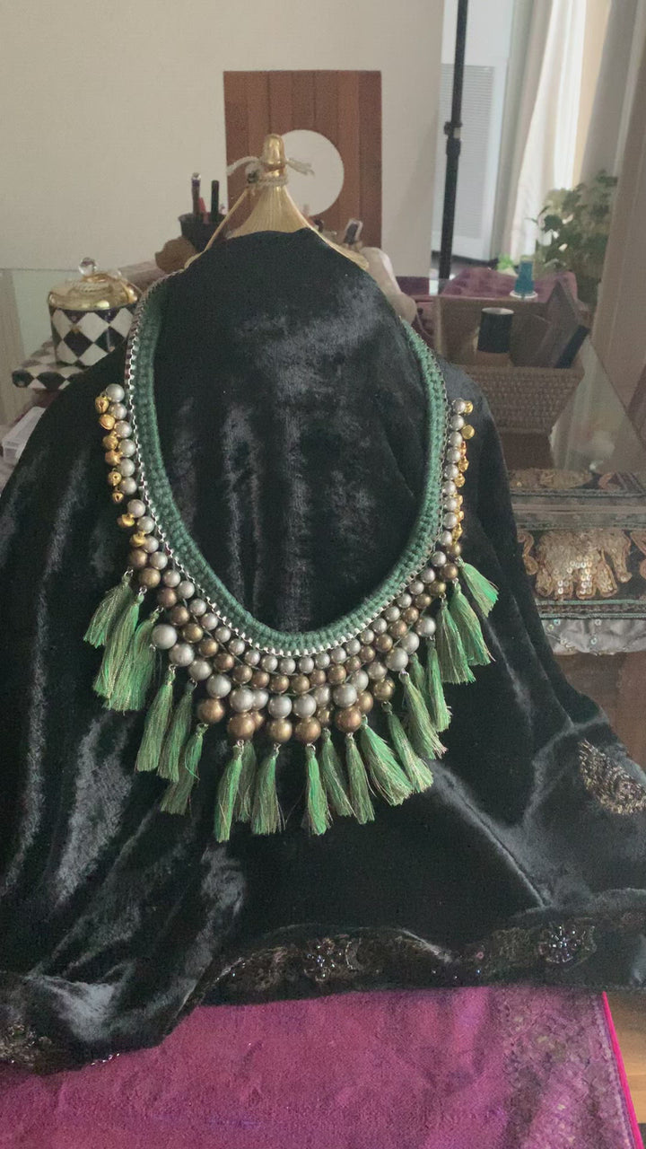 Green Thread Tassels Beads Necklace