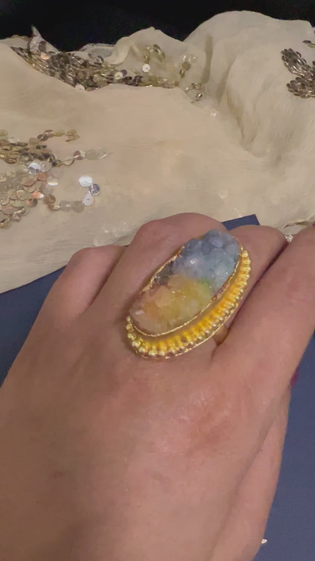 Natural Rainbow Druzy Stone Adjustable Gold-Plated Ring | Statement Ring by SHIVKA