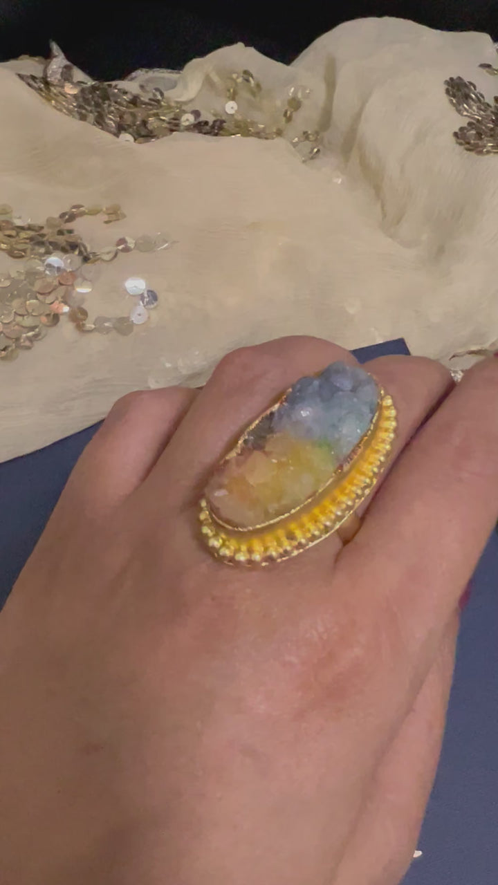 Natural Rainbow Druzy Stone Adjustable Gold-Plated Ring | Statement Ring by SHIVKA