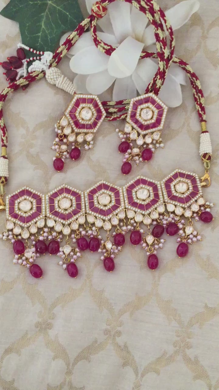 Pure 925 Moissanite Polki Silver Choker Necklace with Earrings