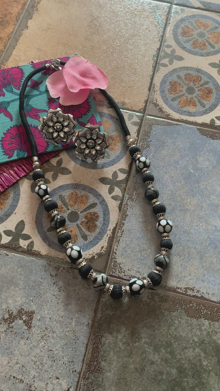 Black and Silver Beaded Necklace with Statement Studs