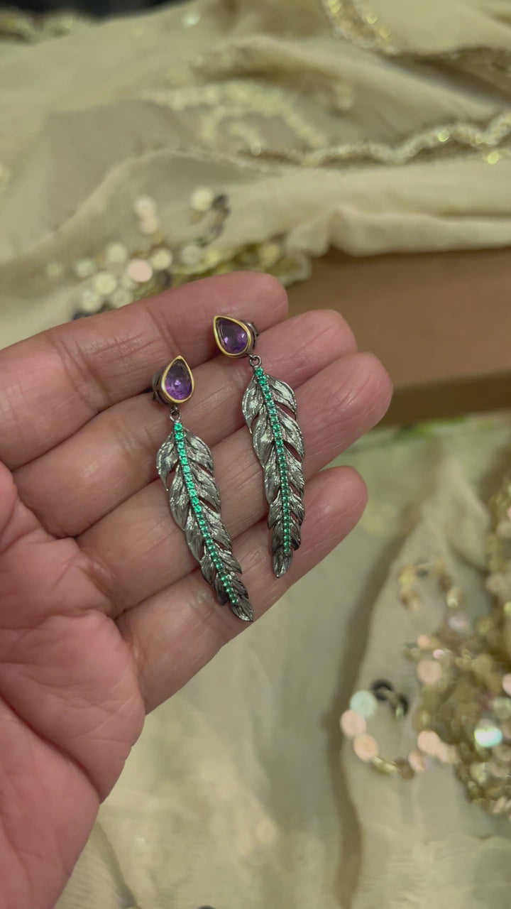 Minimalist 925 Silver Amethyst Leaf Earrings