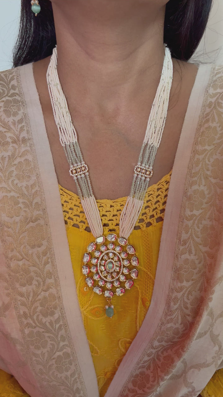 Beautiful Sea Green Kundan Pendant Necklace with Stud Earrings