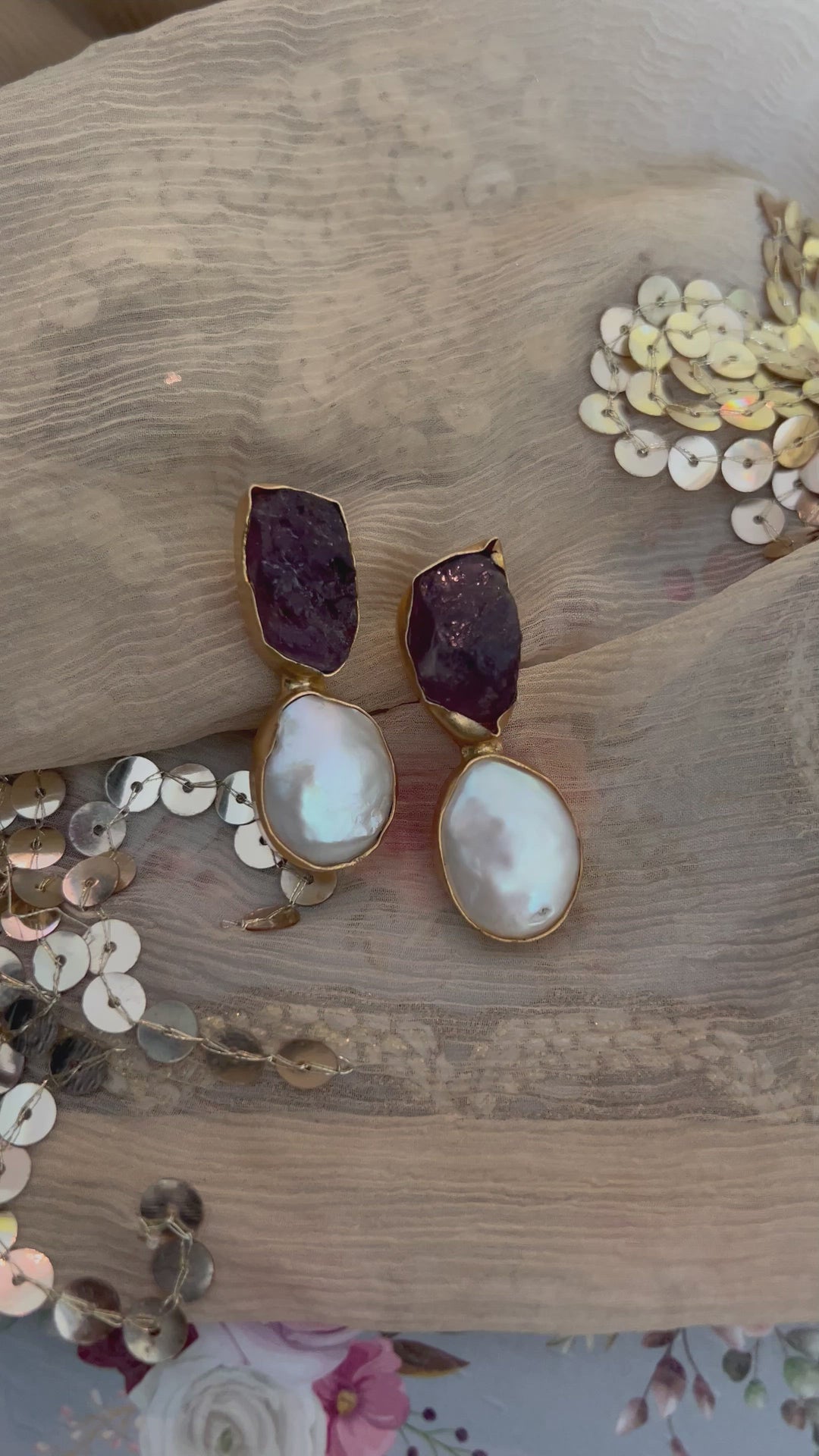 Raw Amethyst Baroque Pearls Studs