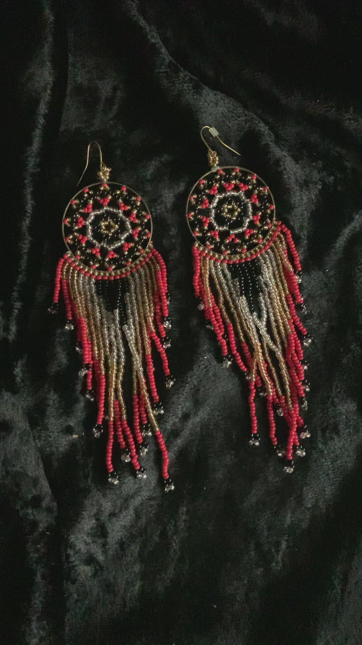 Coral and Black Beads Long Danglers